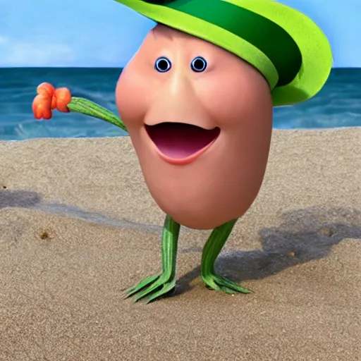 Prompt: cocumber character makes vocation on a beach, pixar style, detailed