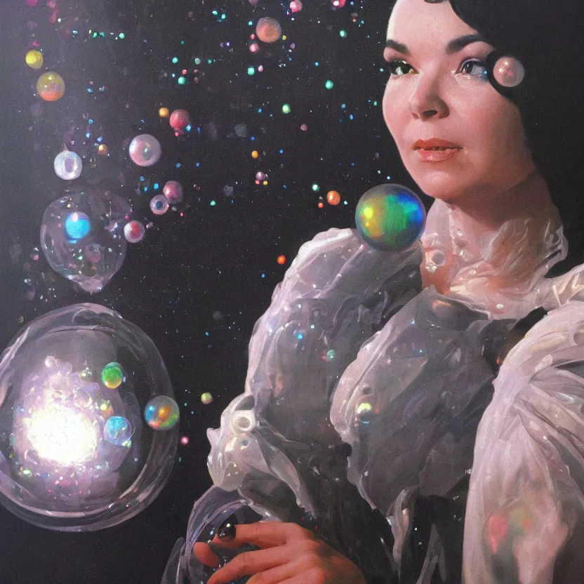 Prompt: a neoclassicist close - up portrait of a bjork cloaked in silk with glowing bubbles. iridescent and reflective alien technology. foggy black background with dark puffy glowing clouds. highly detailed science fiction painting by norman rockwell, frank frazetta, syd mead and moebius. rich colors, high contrast, gloomy atmosphere, dark background. trending on artstation.