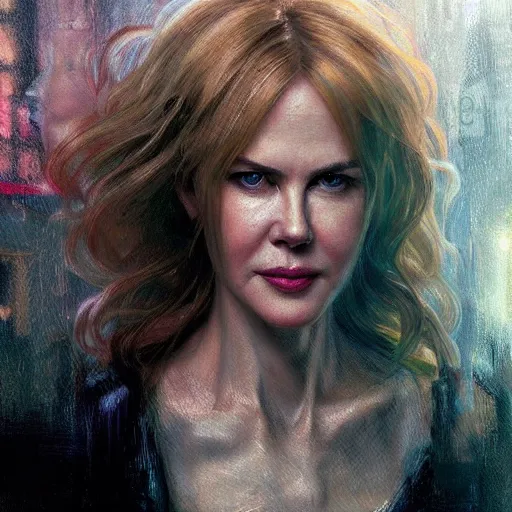 Image similar to nicole kidman, hyperrealistic portrait, bladerunner street, art of elysium by jeremy mann and alphonse mucha, fantasy art, photo realistic, dynamic lighting, artstation, poster, volumetric lighting, very detailed face, 4 k, award winning