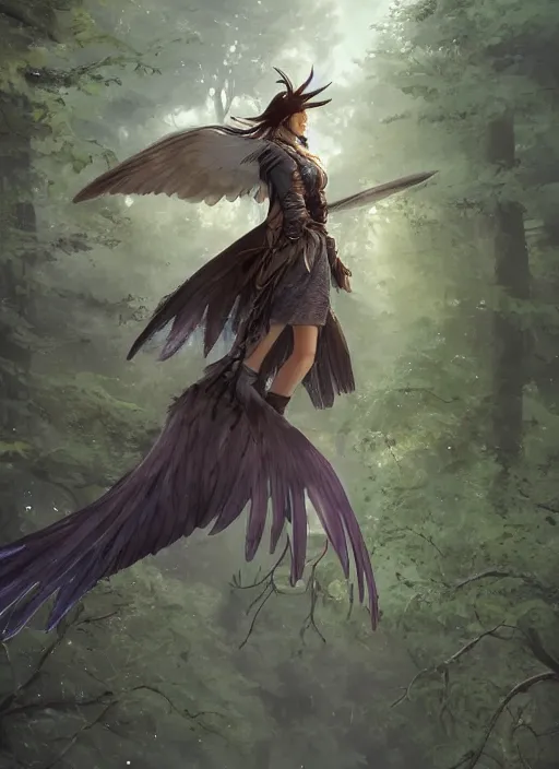 Image similar to a female anthropomorphic eagle warrior. She has two wings on her back. Forest, clearing. Full shot, wings are focus. Atmospheric lighting, By Makoto Shinkai, Stanley Artgerm Lau, WLOP, Rossdraws, James Jean, Andrei Riabovitchev, Marc Simonetti, krenz cushart, Sakimichan, D&D trending on ArtStation, digital art.