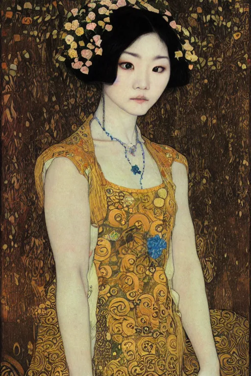 Image similar to portrait of beautiful young asian gothic maiden, highly detailed, artstation, illustration, art by Gustav Klimt