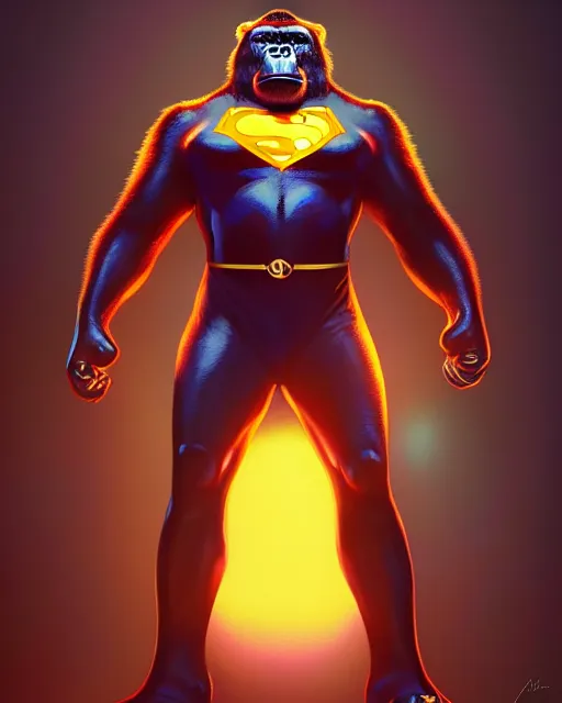 Image similar to gorilla bodied elon musk superhero, glam, power, glowing lights intricate, elegant, highly detailed, digital painting, artstation, concept art, smooth, sharp focus, illustration, art by artgerm and greg rutkowski and fra angelico and unreal engine 5