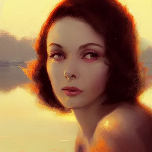 Prompt: a closeup portrait of a young beautiful vivian leigh, lake background, gorgeous view, sunset, film noir, serene, depth, by greg rutkowski, digital art, trending on artstation