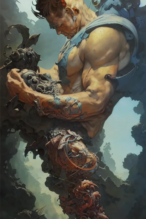 Image similar to arm sleeve tattoo design by peter mohrbacher and craig mullins and hiroshi yoshida and james jean and frank frazetta and michael whelan and andreas rocha