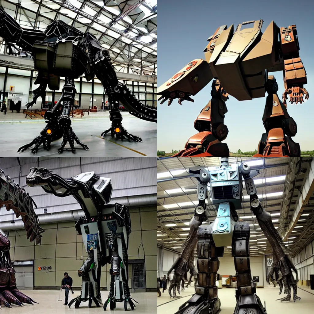 Prompt: giant mech robot is real leather dinosaurs, robot legs are dinosaurs
