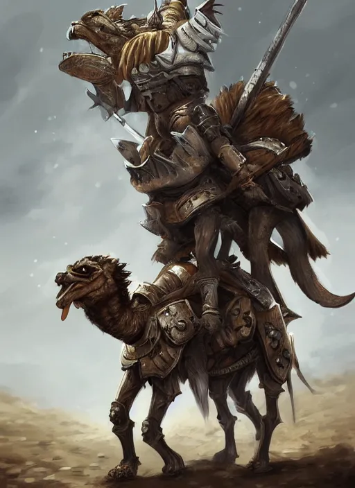 Image similar to Gnoll, metal armor, holding a lance, riding a camel, facing the camera, D&D, fantasy, digital art, realistic, artstation