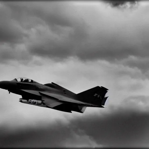 Image similar to fighter jet from the 5 0 s beautiful clouds in the background, grainy footage, black and white