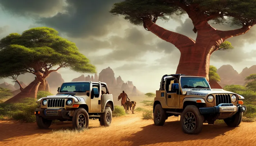 Prompt: mahindra thar driving through madagascar with baobabs trees, tribe members chasing for an attach, action scene, an epic fantasy, artgerm and greg rutkowski and alphonse mucha, an epic fantasy, volumetric light, detailed, establishing shot, an epic fantasy, cinematic, photorealistic, ultrarealistic, trending on art station, octane render, midsommar