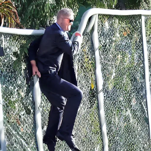 Image similar to a splinter cell tom Clancy operative scaling the fence at mar a lago to shake Donald trump's hand photo