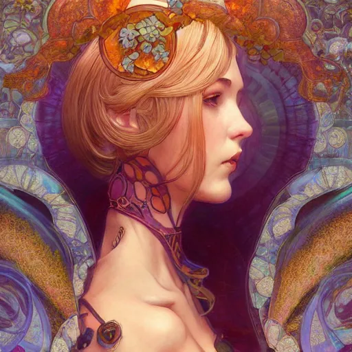 Prompt: Art Nouveau Queen of Hydrangea, Sexy Samus Aran metroid, portrait, headshot, D&D, fantasy, highly detailed, digital painting, artstation, concept art, sharp focus, illustration, art by artgerm and greg rutkowski and alphonse mucha