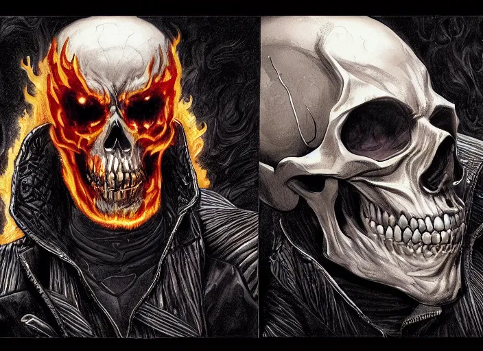 Image similar to a highly detailed beautiful portrait of ghost rider, flaming skull, ( marvel ) penance stare, james gurney, james jean