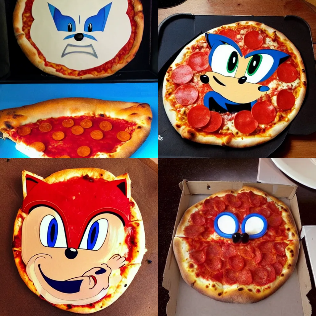 Prompt: a photo of a pizza in the shape of sonic the hedgehog, a pizza imitating sonic the hedgehog
