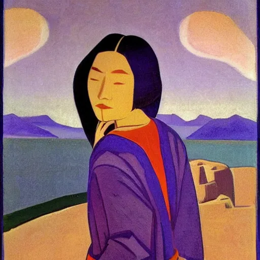 Image similar to Art installation. a woman is shown from behind, her body slightly blurred as if in motion. Her long hair cascades down her back, and she is holding a small bird in her hand. by Nicholas Roerich daring