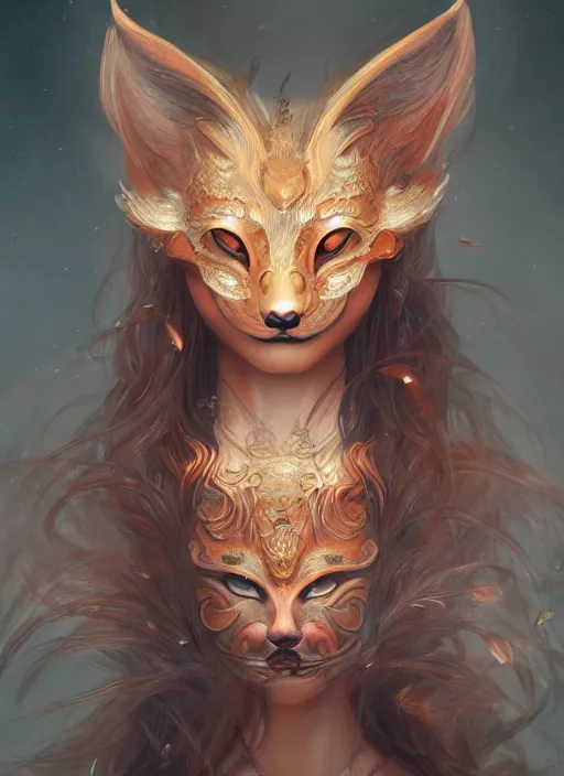 Image similar to a beautiful detailed oil on copper art illustration of a japanese kitsune mask woman, centered, by charlie bowater, zeng fanzh, trending on artstation, dim dusk lighting, cinematic lighting, detailed lighting, volumetric lighting, realistic, f 8, 4 k hd wallpaper