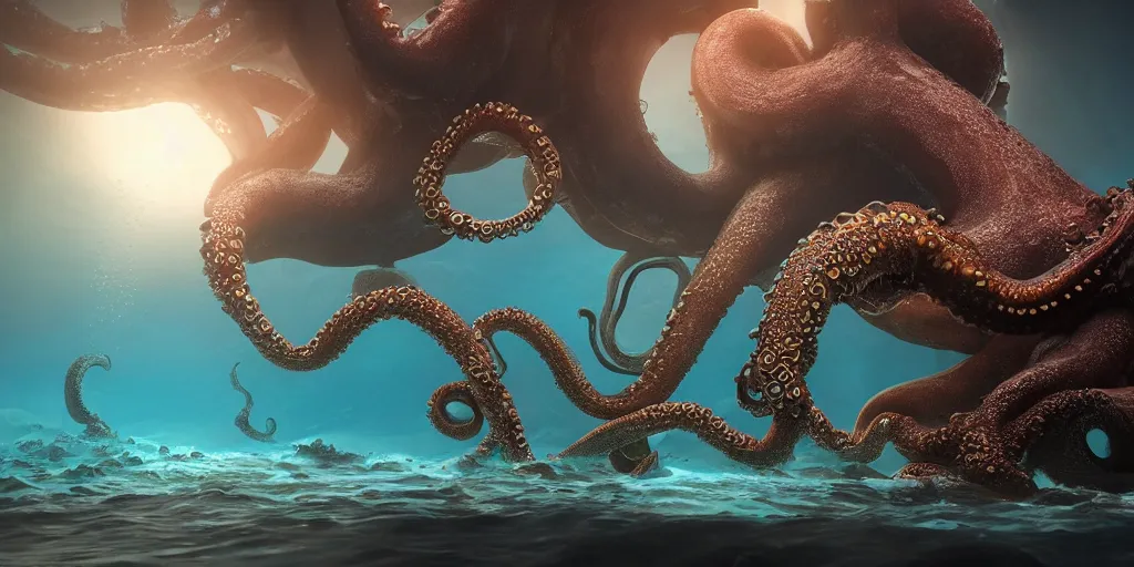 Prompt: underwater enviroment with a giant octopus boss creature with tentacles , unreal 5, hyperrealistic, realistic, photorealistic, dynamic lighting, highly detailed, cinematic landscape, studio landscape, studio lighting
