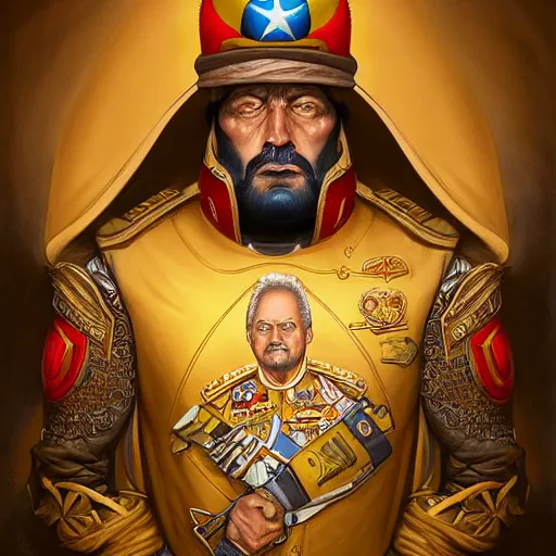 Image similar to digital painting of a dictator in a onesey by filipe pagliuso and justin gerard, symmetric, fantasy, highly, detailed, realistic, intricate