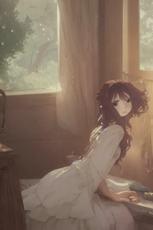Prompt: a girl in a maid's outfit in the bedroom typing front the notebook a night, raining outside the window, wavy white long hair, by krenz cushart and mucha and akihito yoshida and makoto shinkai and greg rutkowski, 4 k resolution