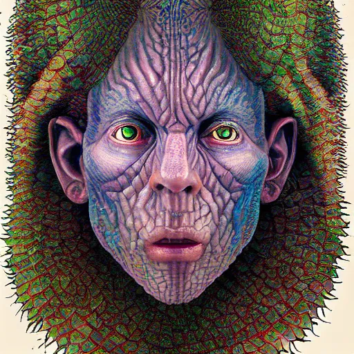 Image similar to lucky fungus labyrinth mohawk scales projector portrait by gaston bussierre and charles vess and james jean and erik jones and rhads, inspired by rick and morty, epic, funny, huge scale, beautiful fine face features, intricate high details, sharp, ultradetailed