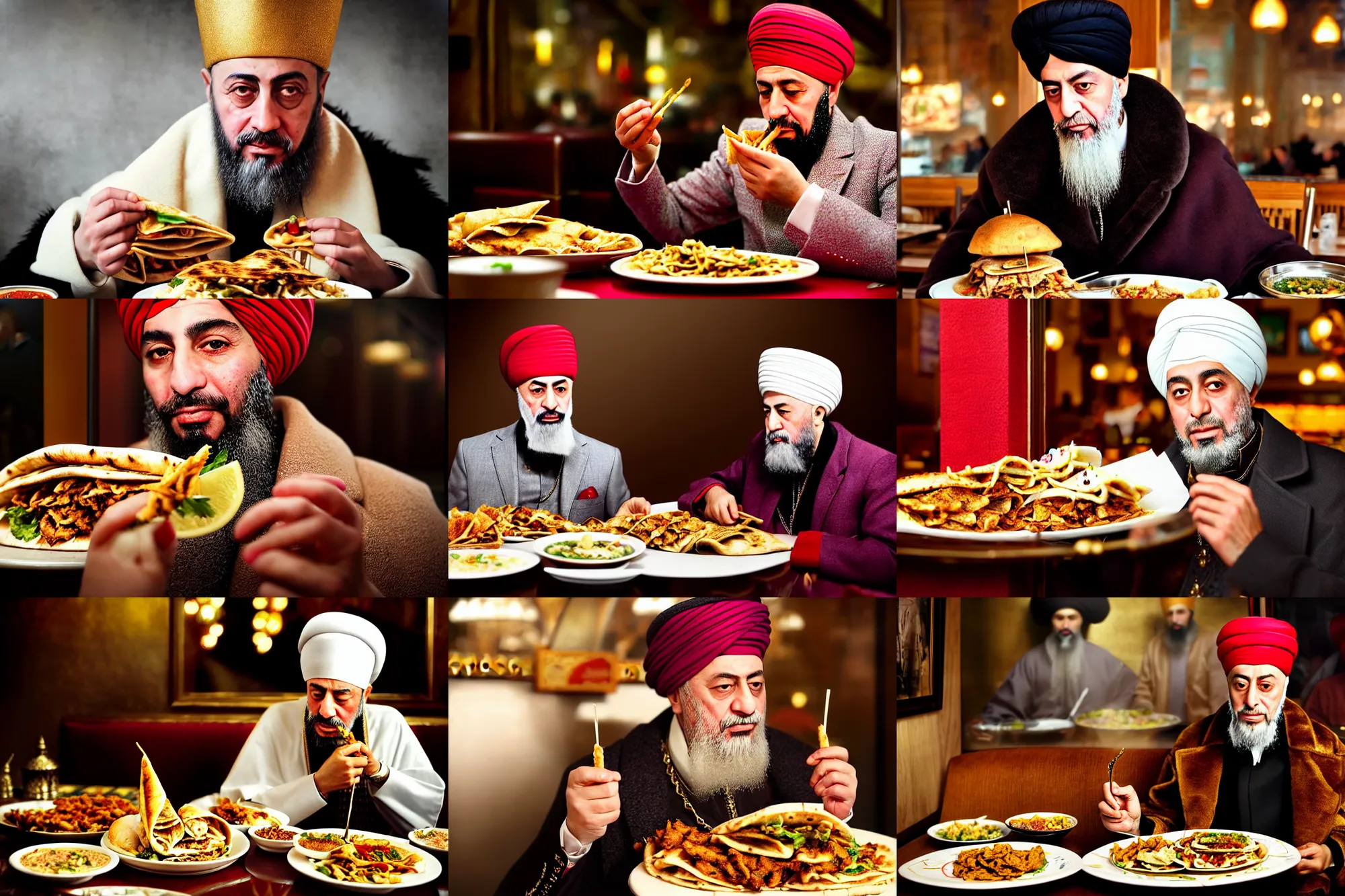 Prompt: mid - shot, realistic, ottoman sultan mehmet iv eating shawarma in a restaurant, cold lighting, in the style of martin schoeller, detailed facial features, photorealistic, expressive, hyperrealism, wearing big ovular turban and a luxurious ottoman coat, micro details, hdr shot, precise, photography from vogue magazine, neat
