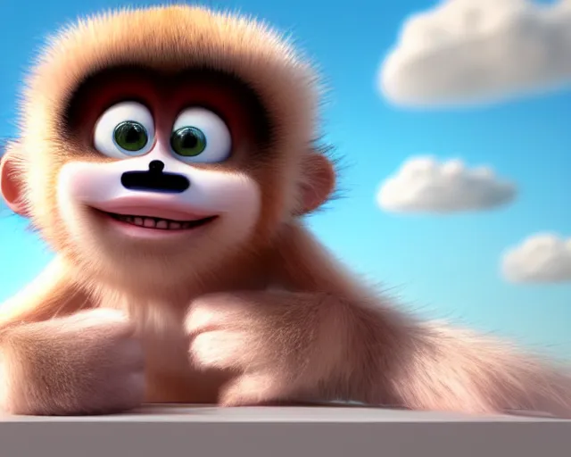 Prompt: 3D Pixar movie animation render of the cutest little fluffy monkey capuchin with a tail with a big lovely grin smile sweet adorable cherub, octane render, pastel colors, soft clouds and soft gradient background