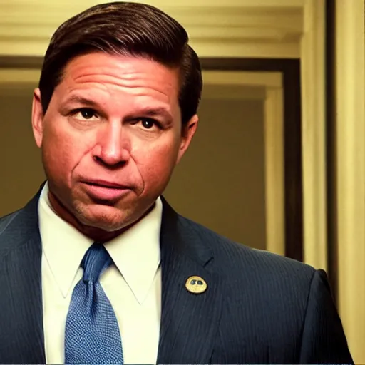 Image similar to Cinematic still of Florida Governor Ron DeSantis in a political thriller, Man of the Year