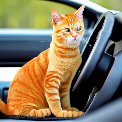 Image similar to an orange tabby cat driving a car, his paws are on the steering wheel