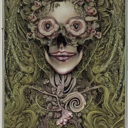 Image similar to a beautiful detailed front view baroque portrait of a rotten woman corpse with fractal plants and fractal flowers and mushrooms growing around, intricate, symmetrical, ornate, ornamentation, bones, art nouveau style