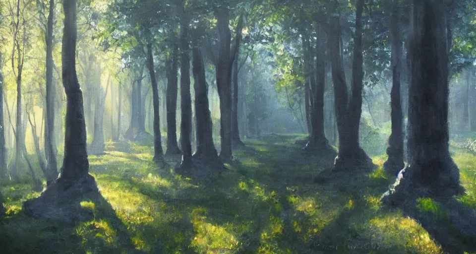 Prompt: a forest made of stone pillars instead of trees, God rays, beautiful painting, oil on canvas, by Ewa Czarniecka, award winning masterpiece,