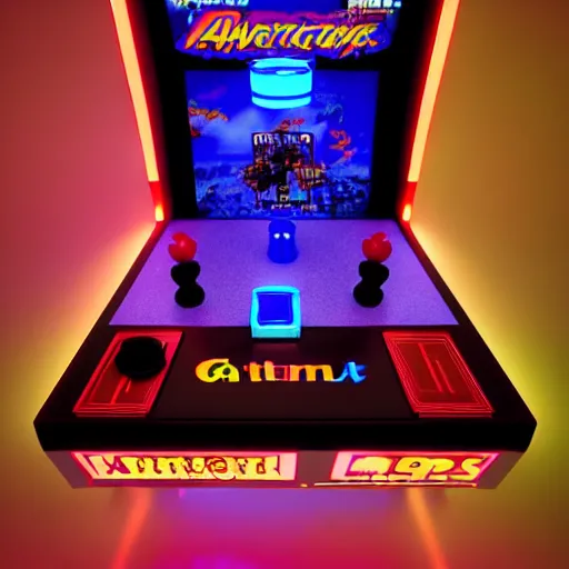 Image similar to 1990s arcade machine, octane render, unreal engine, digital art, Artstation, Trending on Artstation, Artstation HQ, Artstation HD, cgsociety, Pinterest, 8k , close up to the screen, godrays, volumetric, reflections, cinematic, epic, accurate, coherent, 3D Render,