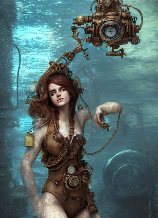 Image similar to underwater steampunk emma watson, au naturel, hyper detailed, digital art, trending in artstation, cinematic lighting, studio quality, smooth render, unreal engine 5 rendered, octane rendered, art style by klimt and nixeu and ian sprigger and wlop and krenz cushart.