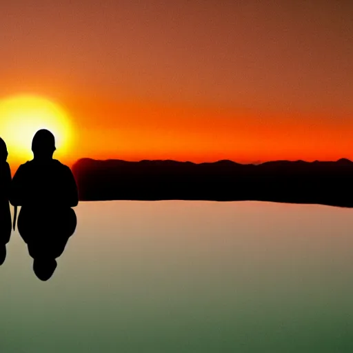 Image similar to silhouette of a gay couple looking at the sunrise from space