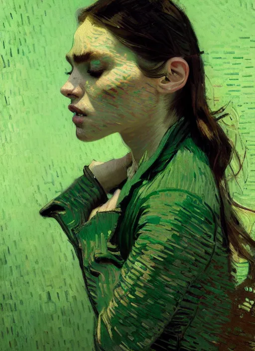 Image similar to portrait of a beautiful girl, eyes closed, open mouth, shades of green, beautiful face, rule of thirds, intricate outfit, spotlight, by greg rutkowski, by jeremy mann, by francoise nielly, by van gogh, digital painting