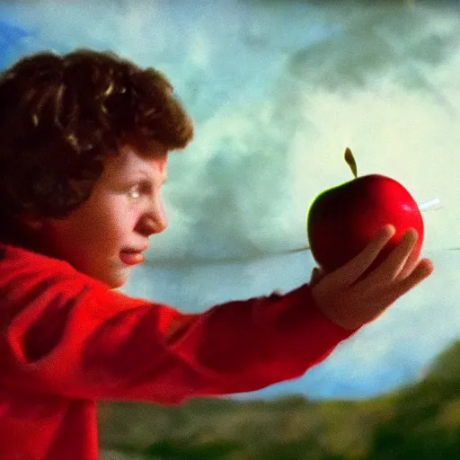 Prompt: Cinematic realistic William Tell shooting an apple from the head of his son
