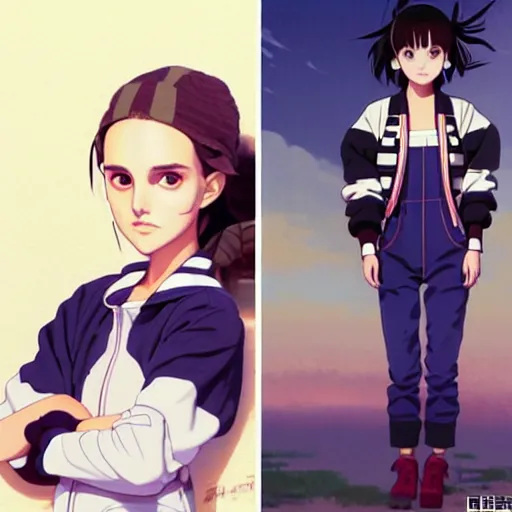 Image similar to a beautiful! boyish! natalie portman alluring gravure! model, wearing oversized mayan bomber jacket and leotard with overalls, bulky poofy bomber jacket with mayan patterns, aztec street fashion, gapmoe yandere grimdark, trending on pixiv, painted by greg rutkowski makoto shinkai takashi takeuchi studio ghibli