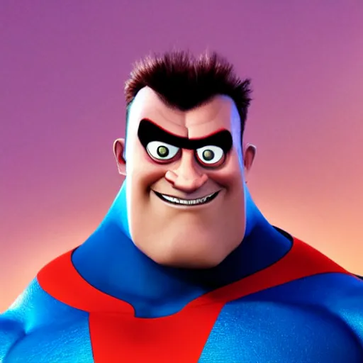 Prompt: Syndrome from the Incredibles, but he is played by Dwayne Johnson, style of Pixar, Dreamworks, Disney Animation