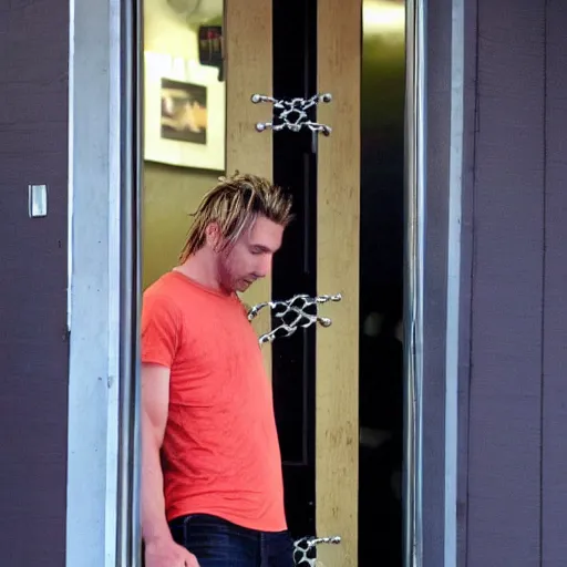 Prompt: chad robert kroeger of nickelback tied up with chains to the front door of an applebee's