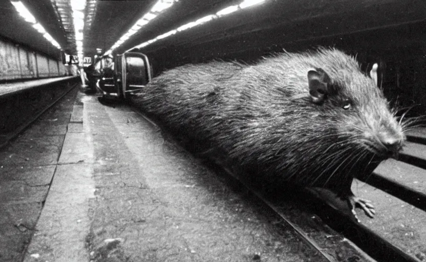 Prompt: old photo from 1 9 6 5. very large giant mutant ugly rat on railways in tonnel of moscow metro. extreme high detail. low light, scary atmosphere