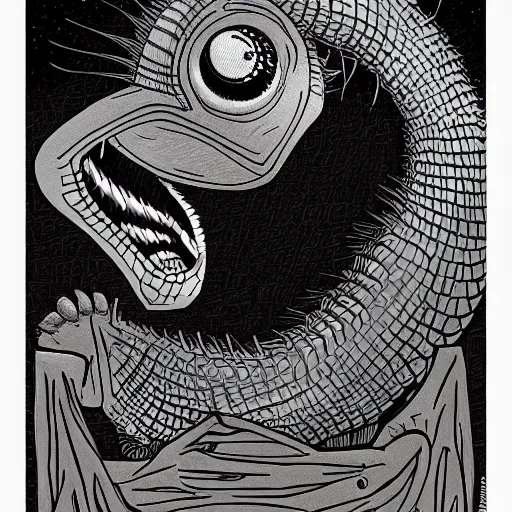 Image similar to lizard flamingo hybrid, muppet punk, basil wolverton style, hr giger style, disney style