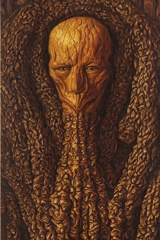 Image similar to portrait of nyarlathotep, oil painting by jan van eyck, northern renaissance art, oil on canvas, wet - on - wet technique, realistic, expressive emotions, intricate textures, illusionistic detail