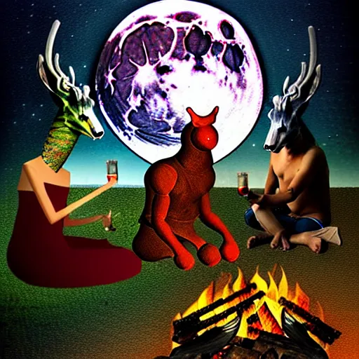 Image similar to strange mythical beasts of sitting around a fire under a full moon, surreal dark mixed media collage by ronny khalil