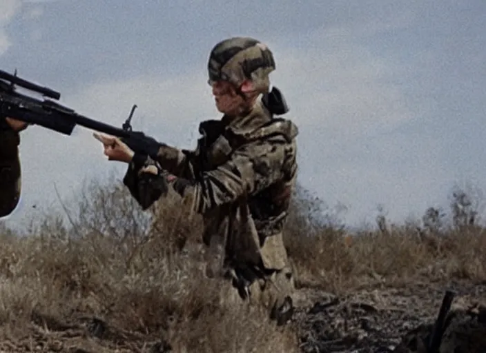 Image similar to a film still of kim kardashian as a soldier firing a rifle over a trench, open neckline. backround : warzone