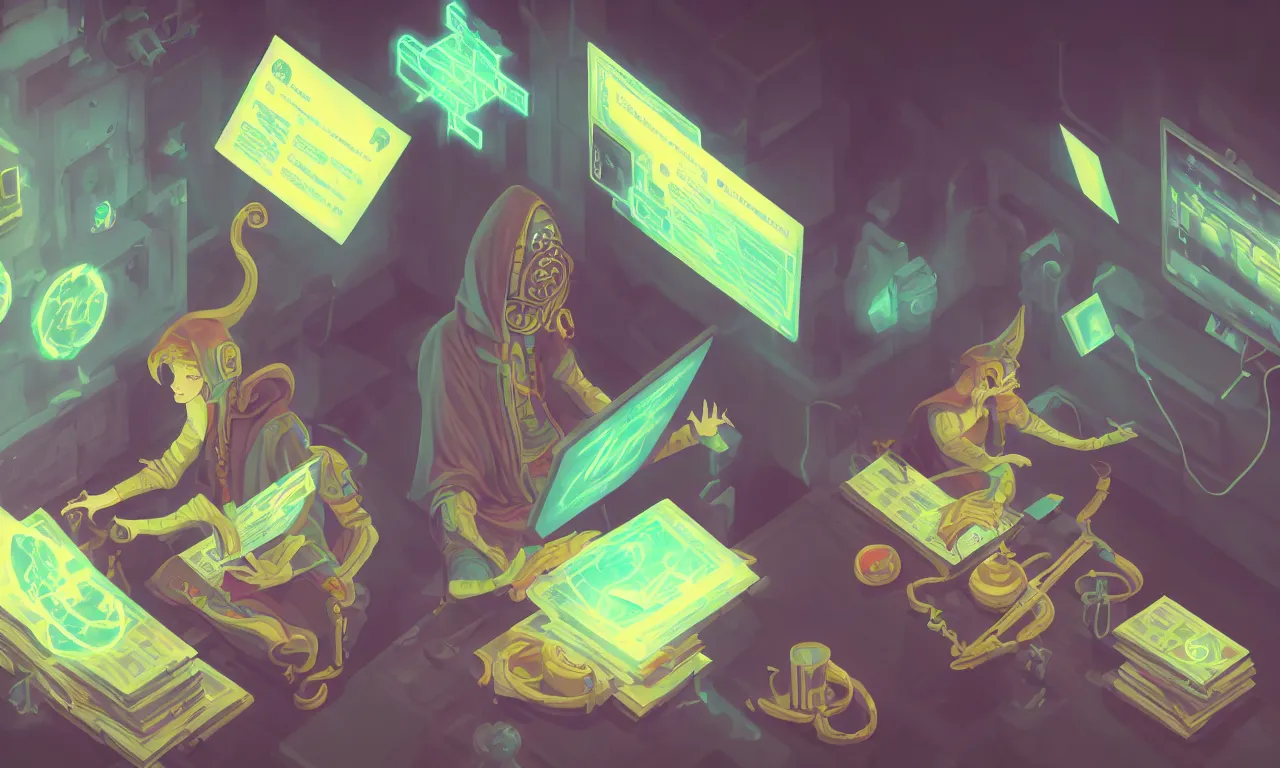 Image similar to hacker, kerberos realm, service ticket close up, wizard reading a directory, nordic pastel colors, 3 d art, digital illustration, perfect lighting