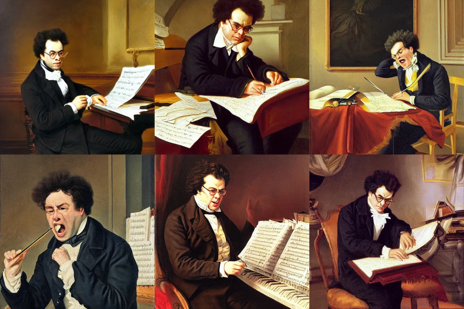 Prompt: very angry franz schubert composing his new masterpiece while screaming loudly, a very detailed oil painting, by josef kriehuber, classical oil painting, fine art style