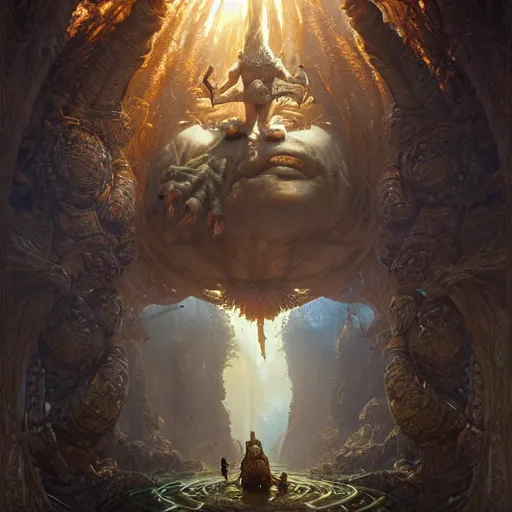 Image similar to a hyperrealistic illustration of a mix of an oger and giant and goblin, 8 k ultra realistic creature, detailed intricate, with fractal sunlight, award - winning, masterpiece, in the style of tom bagshaw, cedric peyravernay, peter mohrbacher