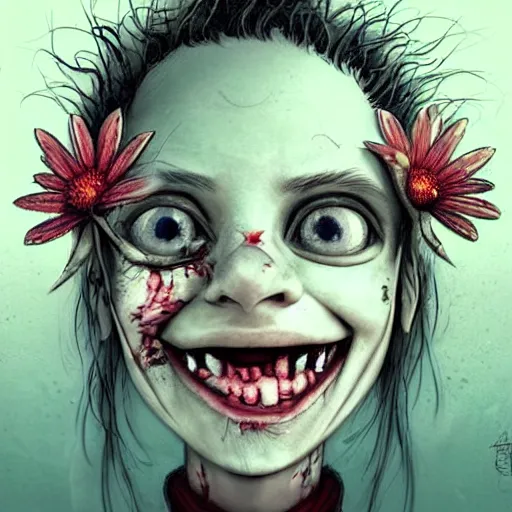 Image similar to grunge cartoon sketch of a human mixed with a flower with a wide smile by - michael karcz, loony toons style, horror theme, detailed, elegant, intricate