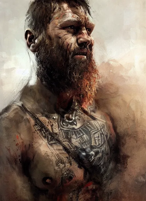 Image similar to portrait painting of viking berserker with a dinosaur tattoos, by jeremy mann, only one head single portrait