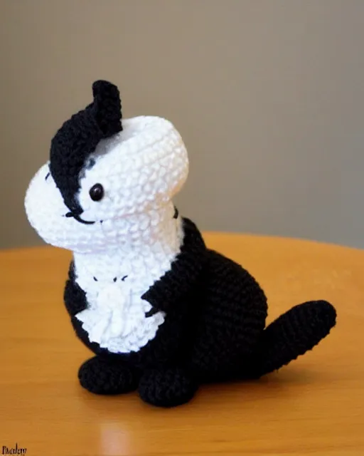 Image similar to cute crocheted black cat wearing a tuxedo, calico critter