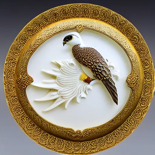 Prompt: gorgeous ornated snow white porcelain realistic detailed sacred falcon wall decoration with golden filigree carved out of ivory