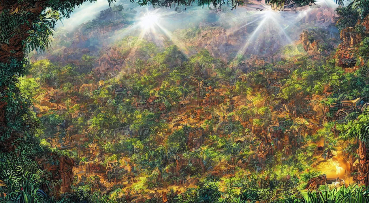 Prompt: zouk fabric wall fortress countryside jungle dirt a spectacular view cinematic rays of sunlight comic book illustration, by john kirby