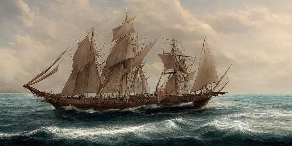 Prompt: a beautiful matte painting, an ancient large sailing ship sailing on the sea